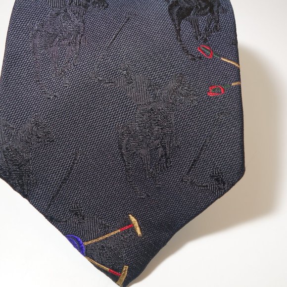 Vtg Ralph Lauren Embroidered Black On Black Equestrian Polo Player Tie Made Hand - Picture 3 of 11